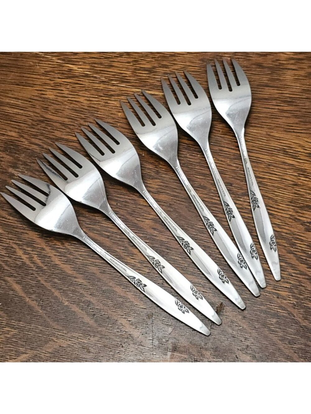 6 Oneida Rose Duet Salad Forks 6" stainless flatware USA vintage decorative - Picture 2 of 7